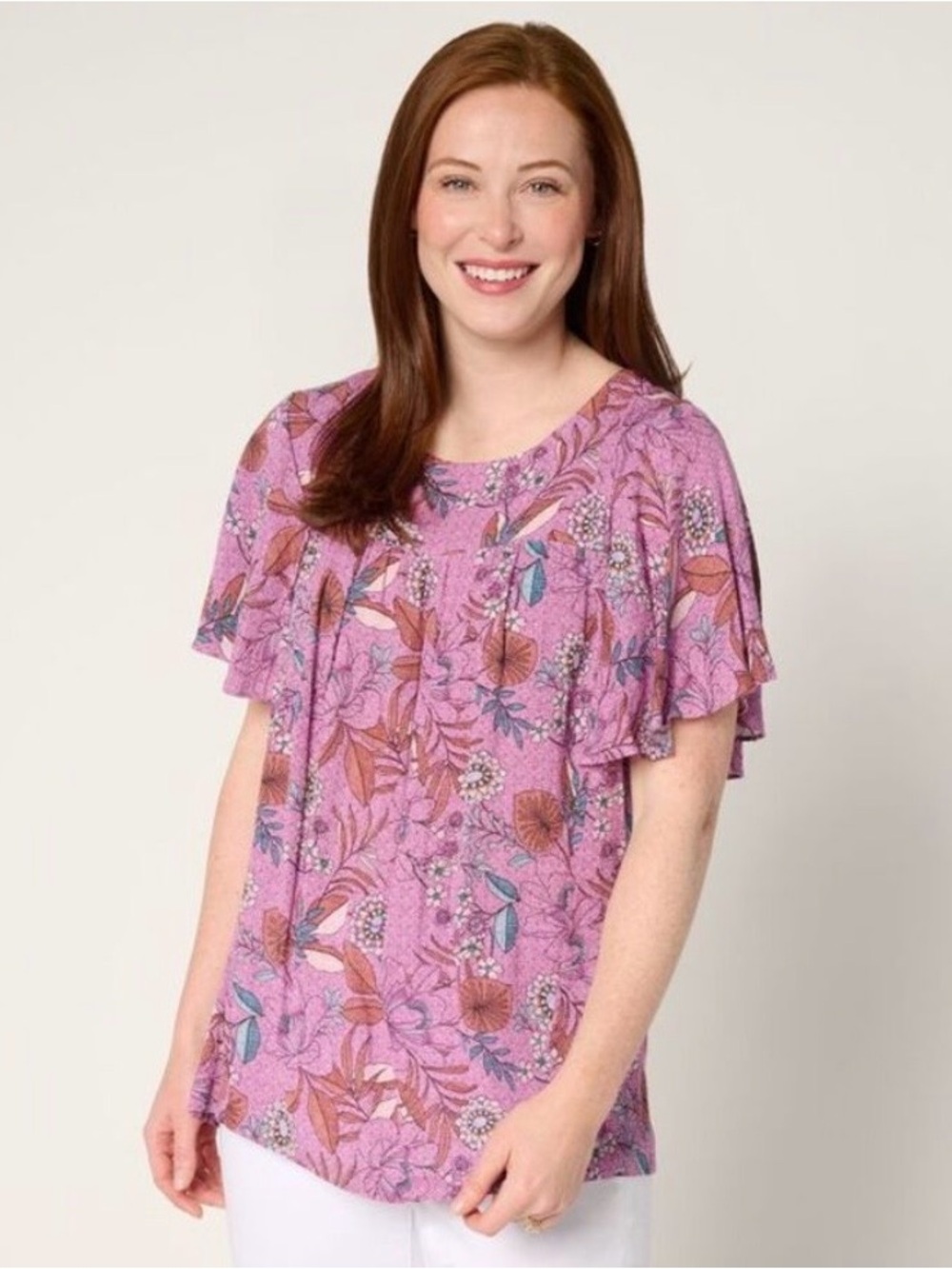 NWOT Susan Graver Pure Printed Crinkle Woven Flutter Sleeve Top Sz S
